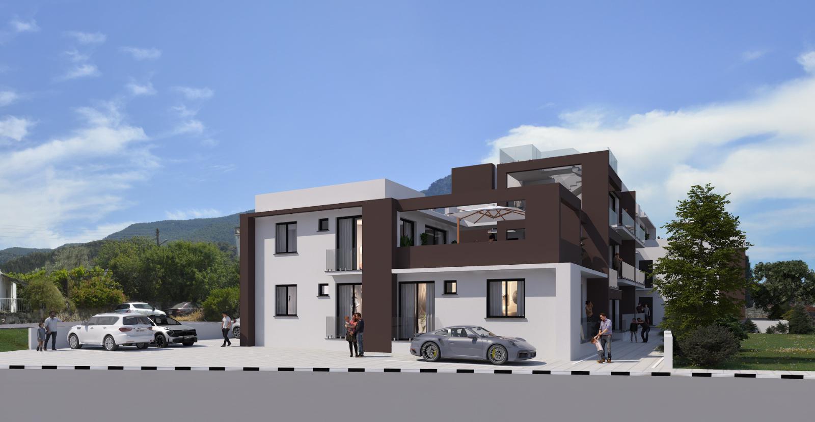 alsancak-nordzypern-3-zimmer-wohnung-aussenansicht 3 Zimmer Wohnung in Alsancak Nordzypern mit Meerblick – Außenansicht des modernen Wohnprojekts