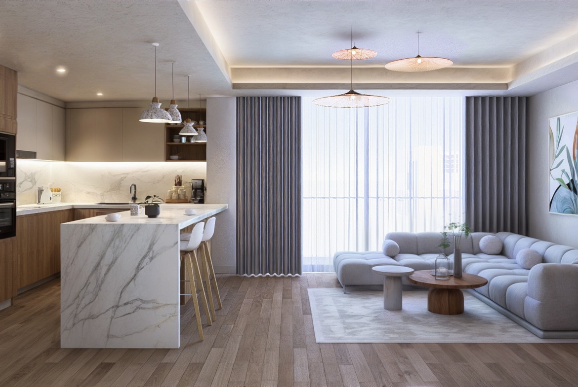 Wohnzimmer und Küche – Off Plan 1–2 Zimmer Luxus Apartments in Karsiyaka Nordzypern