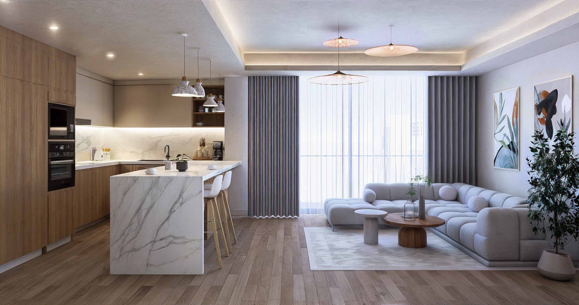 Wohnzimmer und Küche – Off Plan 1–2 Zimmer Luxus Apartments in Karsiyaka Nordzypern